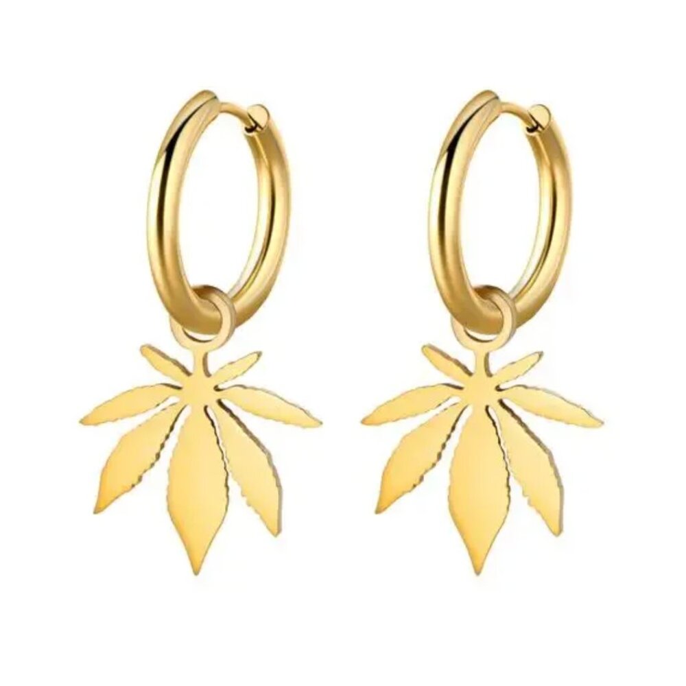 🌿 Gold Weed Leaf Hoop Earrings – Hypoallergenic & Stylish